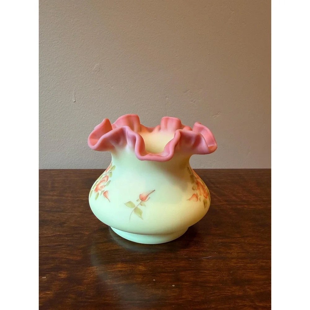 Vintage Fenton Rose Burmese Glass Ruffled Crimped Vase, Handpainted Signed